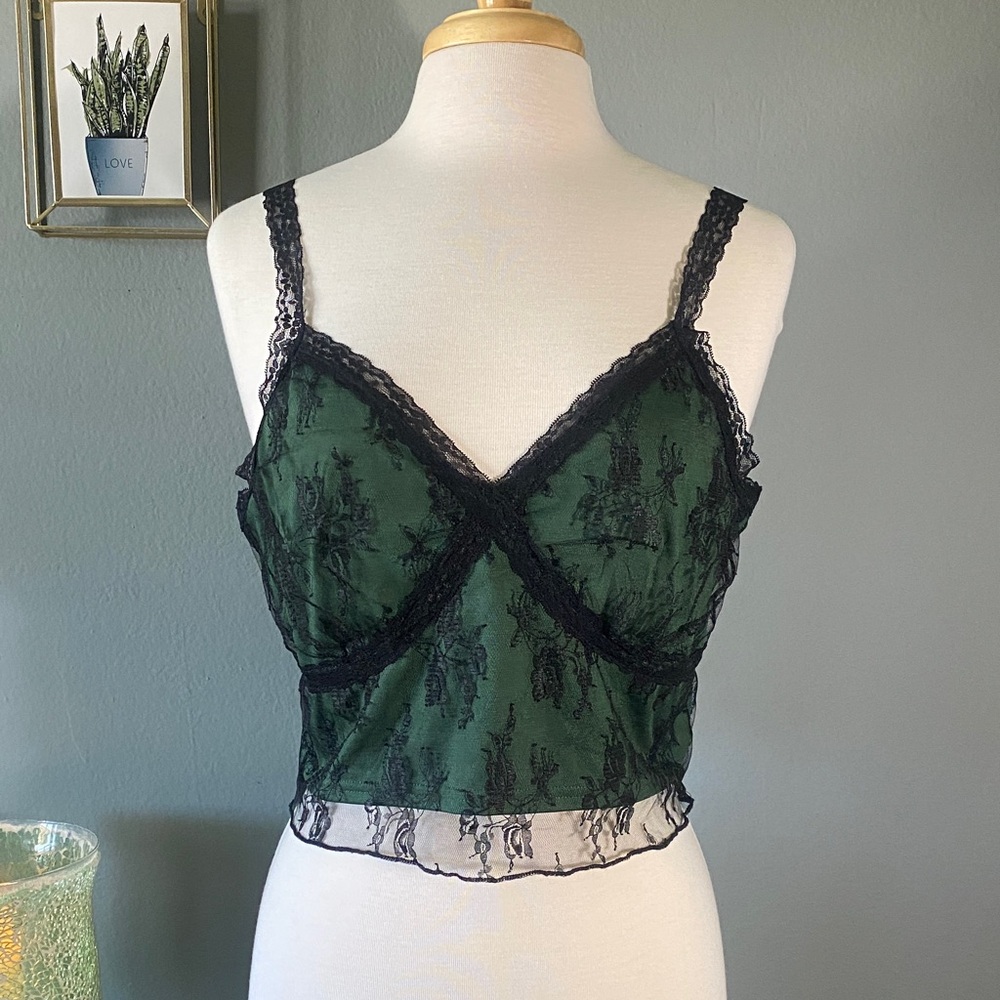 SHEIN Dark Green Lace-Trim Sheer Camisole Crop Top witchy artsy whimsy goth